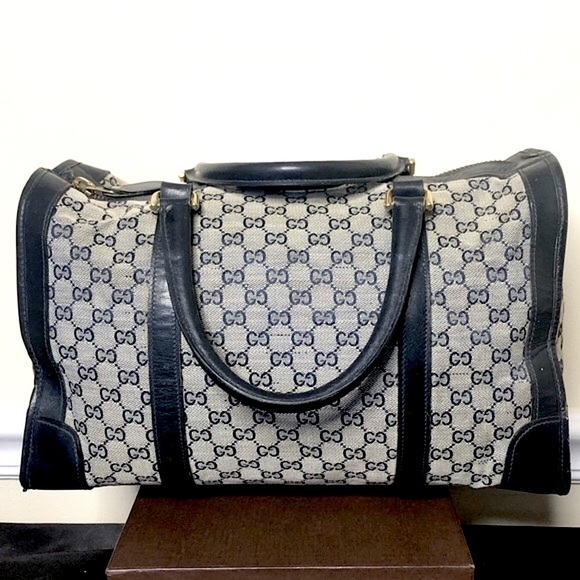 M GUCCI Navy GG Monogram Rolled Top Handle Coated Canvas Boston Travel Bag 30cm - Picture 3 of 17